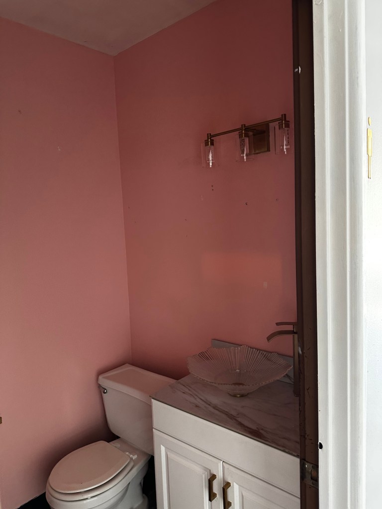 A small bathroom featuring a pink wall, a white toilet, and a vanity with a marble countertop and a textured glass sink. The space is illuminated by a gold light fixture with glass shades.