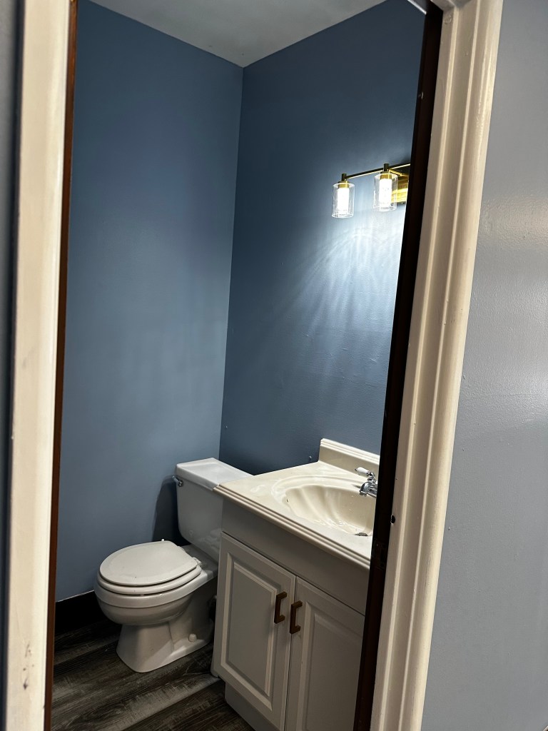 Small bathroom featuring a toilet, sink with vanity, and a blue wall. A modern light fixture is mounted above the sink.